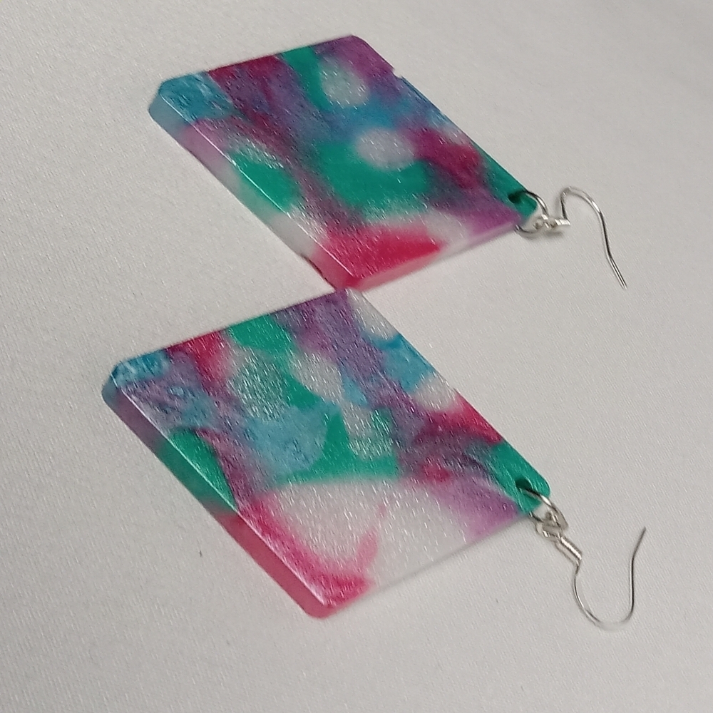 Hand Crafted Pink and Green Earrings with Watercolor Design - Picture 4 of 5